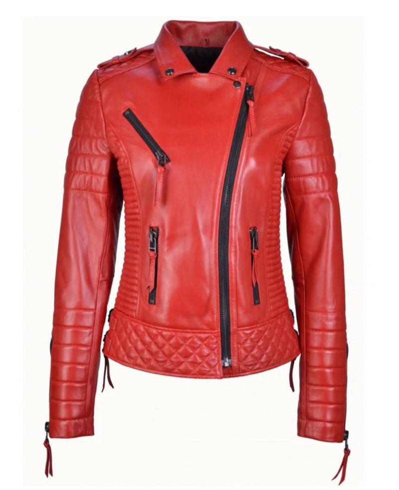 Women's Quilted Red Leather Jacket